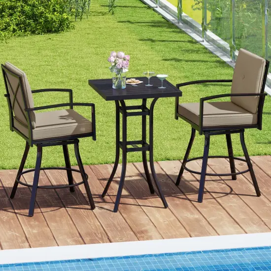 Costway 3 PCS Patio Swivel Bar Set Table and Chairs Set with Soft Cushions & Umbrella Hole {4}