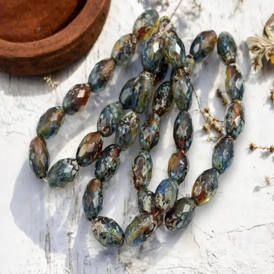 *12* 12x8mm Moss Amber Picasso Fire Polished Faceted Oval Beads {3}