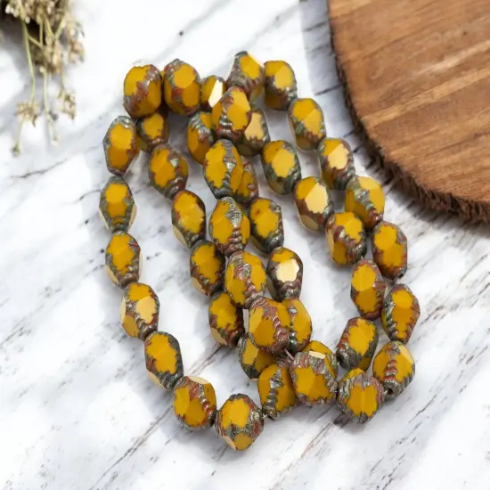 *15* 10x8mm Brown Washed Opaque Goldenrod Picasso Faceted Bicone Beads {2}
