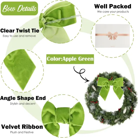 Apple Green Velvet Bows 4.5" Green Velvet Easter Bows Premade Bows Green Twist Tie Bows for Wreaths, Gift Basket, Spring Holiday Decor, Gift Wrapping, Swag, Wedding Decor - 12 PCs {3}
