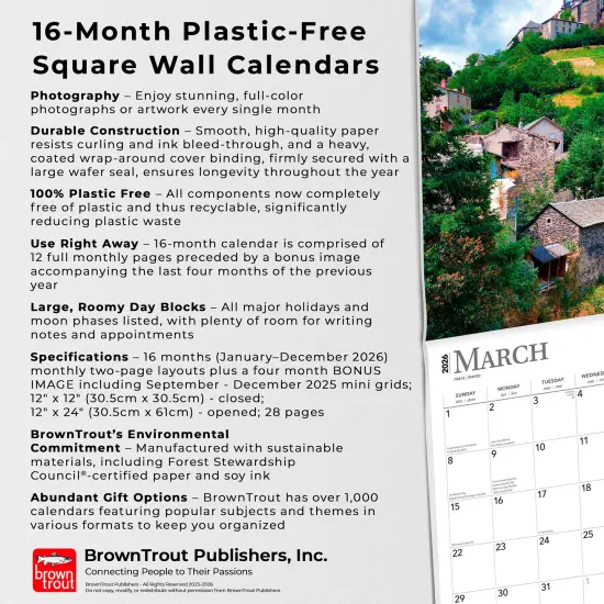 France | 2026 12 x 24 Inch (Hanging) Monthly Square Wall Calendar | Foil Stamped Cover | English/French Bilingual | Plastic-Free {6}