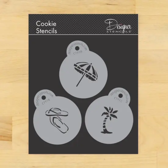 Mini Beach Cookie & Cupcake Stencil Set: Beach Umbrella, Flip-Flops, Palm Tree | C791 by Designer Stencils | Cookie Decorating Tools | Baking Stencils for Royal Icing, Airbrush, Dusting Powder | Reusable Food Grade Stencils | Easy to Use & Clean {1}
