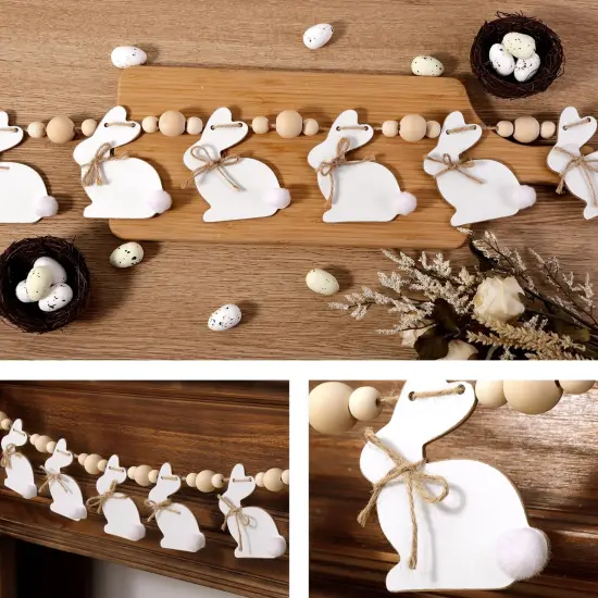 Bunny Chorus Easter Decorations Garlands, Cute Easter Bunny with Wooden Beads Garland, Rustic Easter Banner for Wall Home Indoor Outdoor Spring Decor Supplies {5}