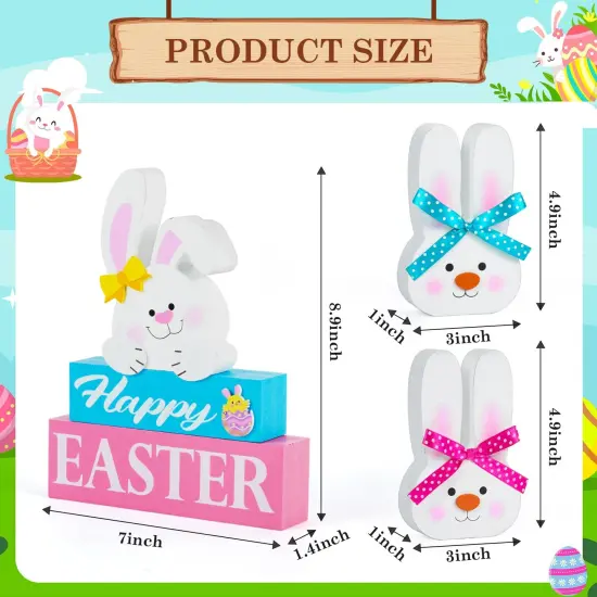 5 Pcs Easter Decorations for the Home Happy Easter Bunny Wooden Block Table Sign with 2 Wooden Easter Bunny Table Decor Set Rustic Spring Table Easter Decorations for Easter Holiday Tabletop Party {3}