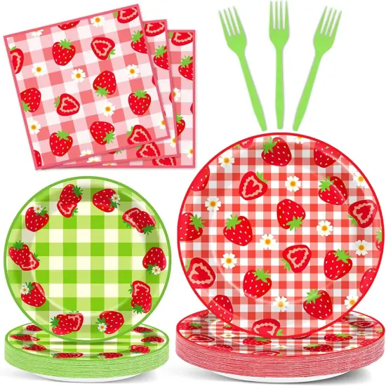 96Pcs Strawberry Party Plates and Napkins Birthday Party Supplies Spring Summer Fruit Paper Dessert Plates Strawberry Themed Tableware Set Disposable for 24 Guests 1st Birthday Party Decorations {1}