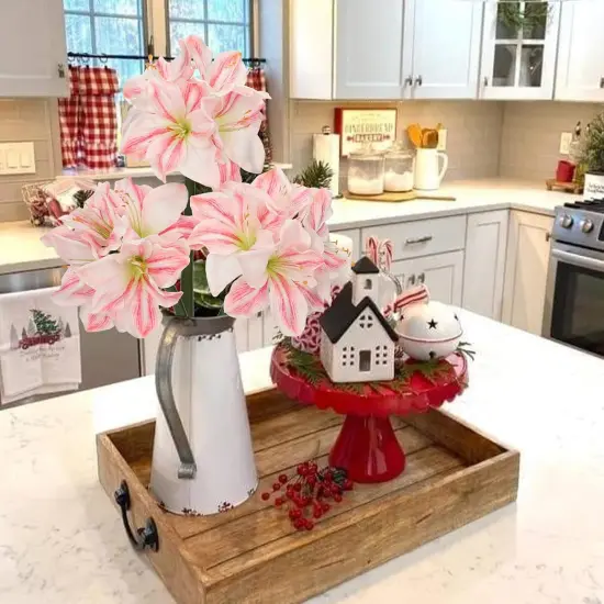 3PCS Amaryllis Artificial Flowers 17.3 Inch Faux Amaryllis Lily Flowers Stems with 4 Heads Silk Floral Bouquet for Spring Home Room Table Centerpiece Wedding Party Arrangements(Pale Pink) {5}