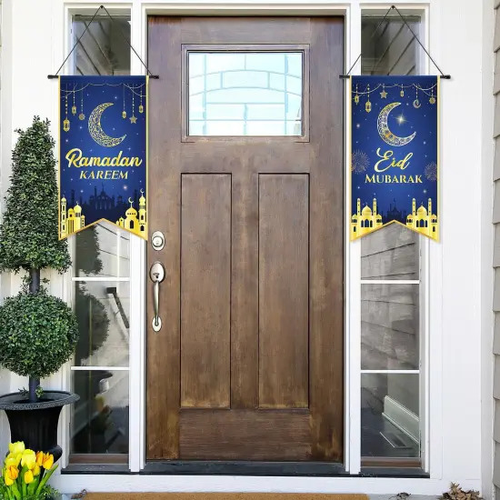 2PCS Eid Mubarak Decorations Ramadan Kareem Hanging Door Sign Ramadan Mubarak Banner Party Decorations Welcome Wall Banner for Party Supplies {2}