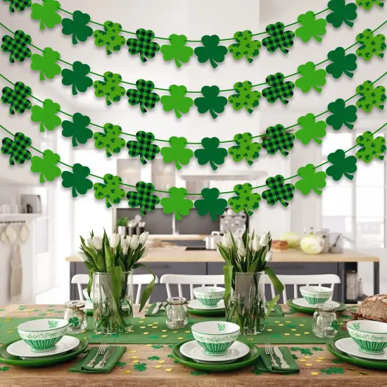 4PCS Felt Shamrock Clover Garland Banner - NO DIY, St. Patrick's Day Decorations - Buffalo Plaid Dark Green Light Green Happy St. Patrick's Day Banner for Home Mantel Office Irish Day Party Supplies {3}