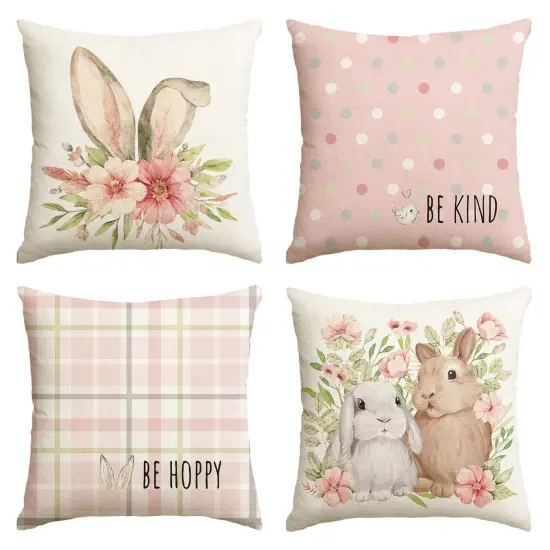 AVOIN colorlife Easter Rabbit Flower Buffalo Plaid Be Hoppy Throw Pillow Cover, 18 x 18 Inch Polka Dot Bird Be Kind Cushion Case Decoration for Sofa Couch Set of 4 {1}