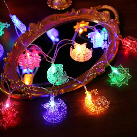 1 Pack 16 ft Moon Star Ramadan String Lights 30 LEDs, Battery Operated Eid Mubarak Fairy Lights for Ramadan Decoration, Eid Decorative Lights with Remote Control (Colorful) {5}