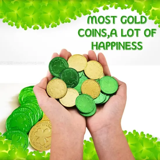 St. Patrick's Day Gold Coins, 120 Pieces Gold Green Lucky Coins Plastic Shamrock Leprechaun Coins, 3-Leaf Clover Coin Table Scatter Decoration for St. Patrick's Day Party Favors {4}