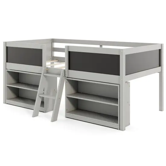 Twin Loft Bed with Chalkboards, Bookcases, Storage Shelf, Guardrails, and Sturdy Wood Construction Grey {1}