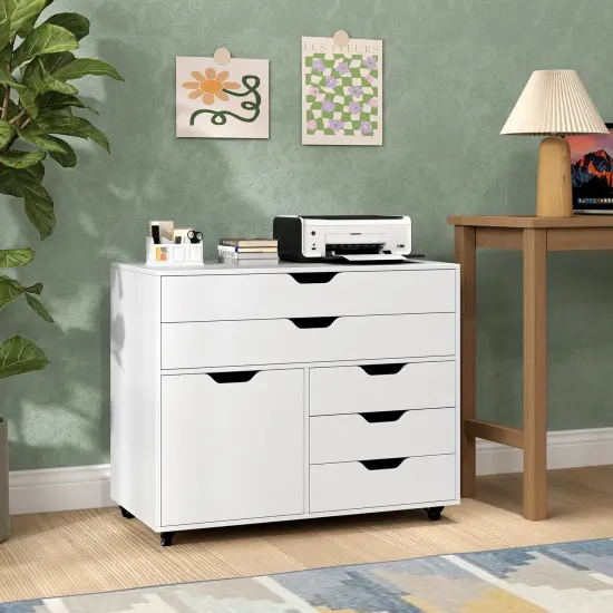 Modern Vertical 5-Drawer Mobile Chest with Door 5 Casters-White {3}