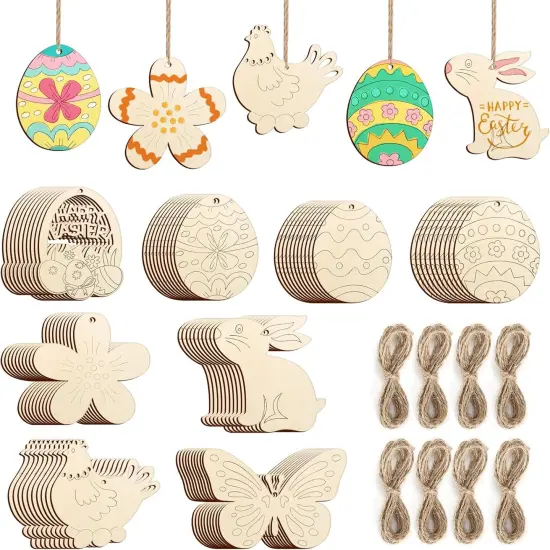 80PCS Wooden Easter Ornaments to Paint, 8 Styles DIY Blank Unfinished Wood Cutouts Ornament for Crafts Hanging Decorations, Egg Rabbit Bunny Butterfly Flower Hen Happy Easter {1}