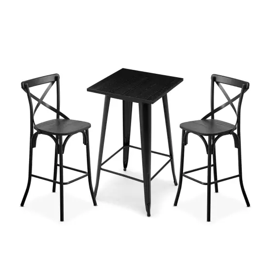 3 Piece Pub Table and Bar Chair Set - Steel Square Bar Table and Bar Chair Set Black {1}