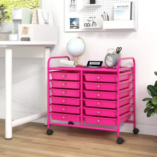 12 Removable Drawers Rolling Storage Cart with 4 Universal Wheels and Metal Frame Hot Pink {2}