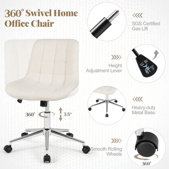 White Teddy Fleece Armless Office Chair with 5 Smooth Rolling Wheels and Metal Base {5}