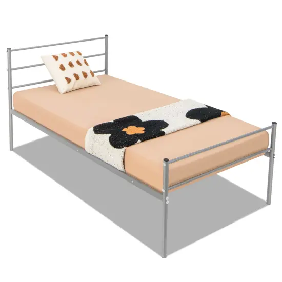 Twin Size Metal Bed Frame Platform with Headboard-Silver {4}