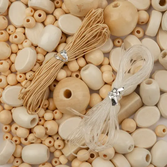 John Bead Craft Wood Beads with Elastic Nylon Cord, 90g Natural {1}