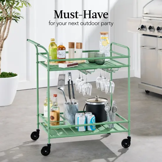 Best Choice Products 2-Tier Rolling Bar Cart Indoor/Outdoor w/ Storage Shelves, Wine Rack, Lockable Wheels Sage {3}