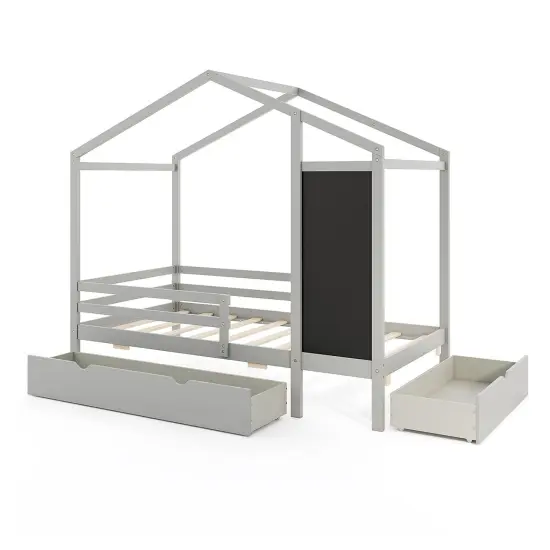 Wooden Twin House Bed with Storage Drawers Blackboard and Guardrails for Kids Grey {1}