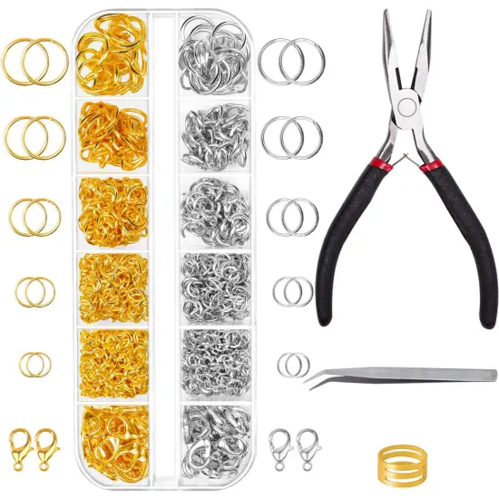 Jump Rings for Jewelry Making Kit, 1200 pcs Open Jump Rings Jewelry Repair Kit for Necklace Bracelet, Lobster Clasps and Closures Repair Supplies Kit with Pliers Tweezers (Gold/Silver) {1}