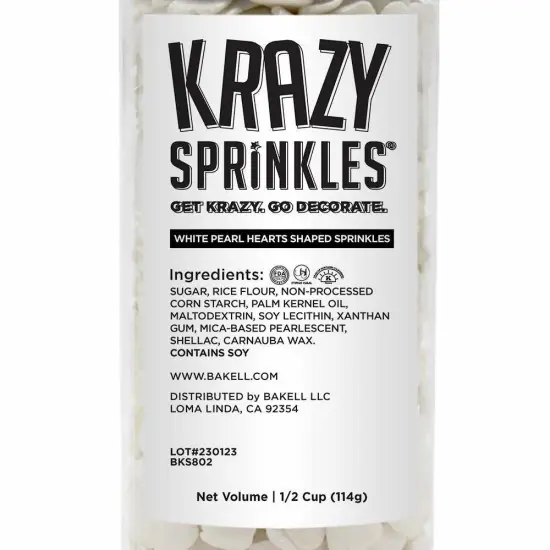 Krazy Sprinkles - White Pearl Hearts (1/2 Cup 1x Jar) {4}