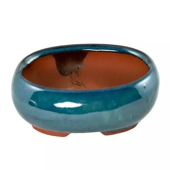 7.25" Oval Teal Green Bonsai / Succulent Pot + Tray + Rock + Mesh - Combo {2}