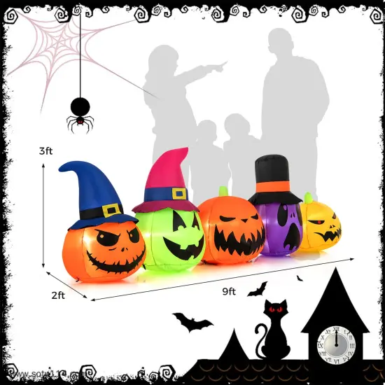 9 Feet Inflatable Pumpkin Patch Family with Built-in LED Lights and Witch Hats {4}