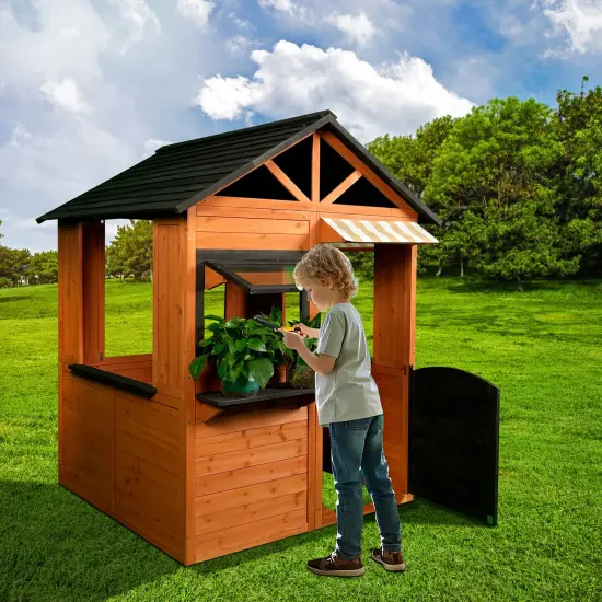 Easy Playhouse: Big Outdoor Wooden Playhouse - Working Door & Windows, Side Serving Station & Bench, Sink & Stove, Backyard Creative Toy Home, Kids 3+ {7}