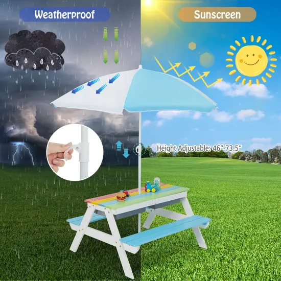 Costway 3-in-1 Kids Picnic Table Wooden Outdoor Sand & Water Table with Umbrella Play Boxes Natural/Blue/Green {10}