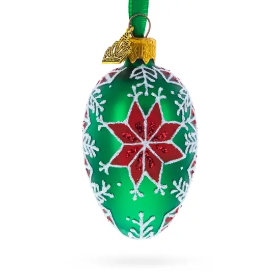 Festive Green with Red and White Snowflake Pattern Mini Glass Egg Ornament 2.9 Inches {1}