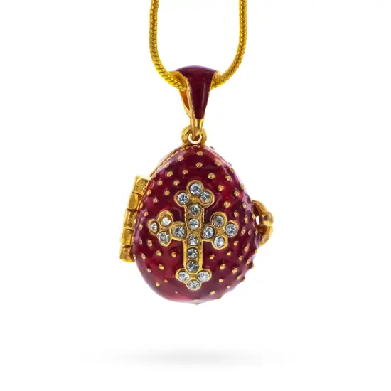 Red Enamel Crystal Cross with Heart Charm Royal Egg Pendant Necklace {1}