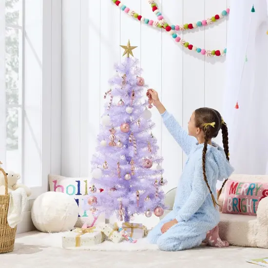 4ft Pre Lit Christmas Tree Mini Artificial Tree with Twinkling LED Lights for Bedroom or Apartment Lavender {3}