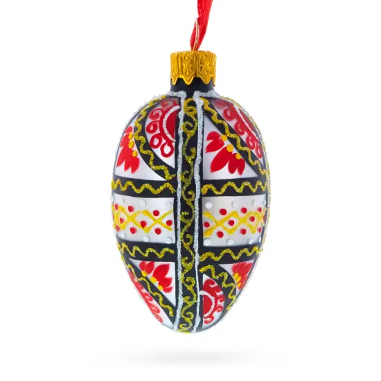 Ukrainian Geometric Red and Gold Mini Glass Egg Ornament 2.9 Inches {4}