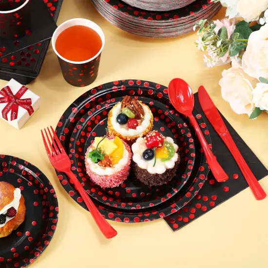 560 Pcs Black and Red Party Supplies for 80 Guests - Disposable Dinnerware Set with Black and Red Paper Plates, Napkins, Cups, Plastic Forks, Knives and Spoons {4}