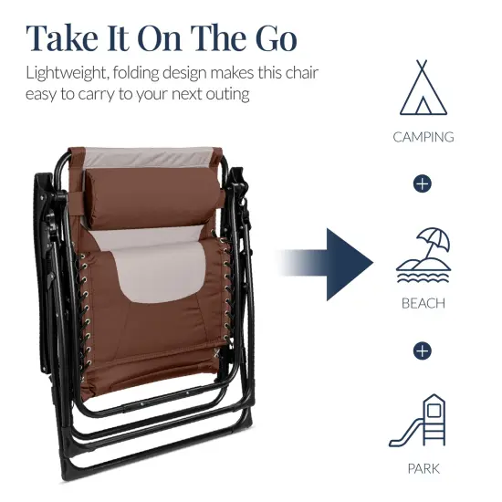 Best Choice Products Oversized Padded Zero Gravity Chair, Folding Outdoor Patio Recliner w/ Side Tray Brown/Oyster {5}