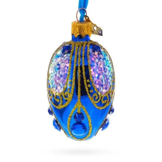 Royal Blue with Gold Glitter and Iridescent Sequins Mini Glass Egg Ornament 2.9 Inches {3}