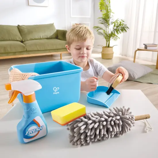 Hape: Scoot-Around Clean Up Bucket Set - 7pc, Yellow & Blue Cleaning Toy Playset, Bucket-Sprayer-Broom-Dustpan-Mop-Sponge-Duster, Pretend Play, Kid 3+ {6}