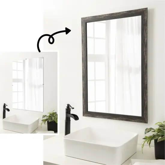 Amanti Art Mirror Makeover Bathroom Mirror Frame Border Kit - Fully Assembled Peel and Stick Frame - Mirror NOT Included - Bark Rustic Char Narrow Trim {1}