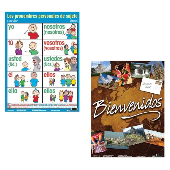 Poster Pals Spanish Educational & Language Teaching basic Posters, large colorful charts, classroom reference and instruction, 7 pack {4}