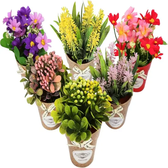 Set of 6 Potted Artificial Flowers &ndash; Faux Floral Spring Decor {1}