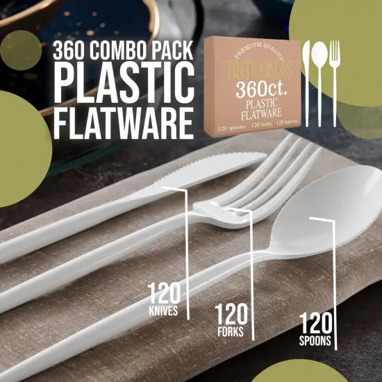 Trendables Disposable Silverware Set - Wedding Plastic Cutlery Dinnerware - Includes modern Forks, Plastic Spoons, disposable Knives - reflective Plastic Utensils Party Set {3}