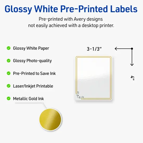 Avery Printable Rectangle Labels, Gold Double Border with Florals, 4" x 3-1/3", Glossy White Rectangle Labels, Permanent, Laser/Inkjet, 40ct, Great for Product Labels {2}