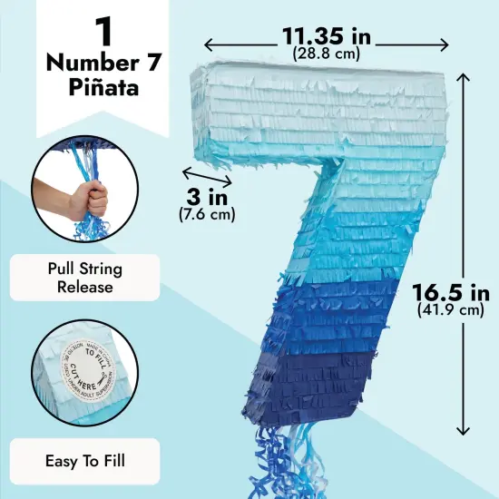 BLUE PANDA Ombre Blue Number 7 Pull String Pinata, Party Game for Kids Ages 3-14, Fillable Hanging Decoration for Birthday Decorations, Holds Candy, Toys & Confetti (16.5 x 11.35 In) {3}