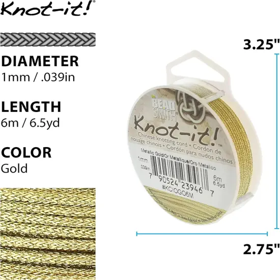 The Beadsmith Knot-it! Cord &ndash; Nylon Chinese Knotting Cord &ndash; Metallic Gold Color &ndash; 1mm Diameter &ndash; 6-Meter Spool &ndash; Use in Macrame, Kumihimo, Decorative Knots & Traditional Chinese Arts {3}