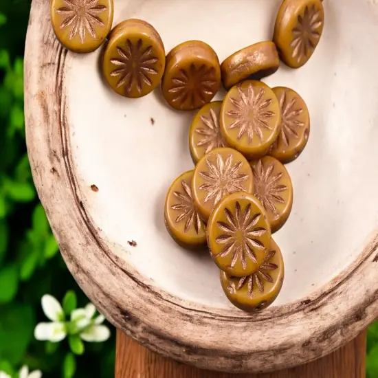 *15* 12mm Copper Washed Opaque Orange MustardAster Flower Coin Beads {3}