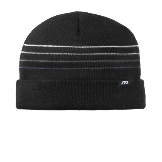 TravisMathew Striped Cuffed Beanie Acrylic Warm Cozy Adjustable Cuff Personalized Fit Black {1}