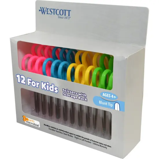 Kids Blunt 5" Scissors with Storage Rack, Anti-Microbial Protection, Assorted Colors, Set of 12 {1}