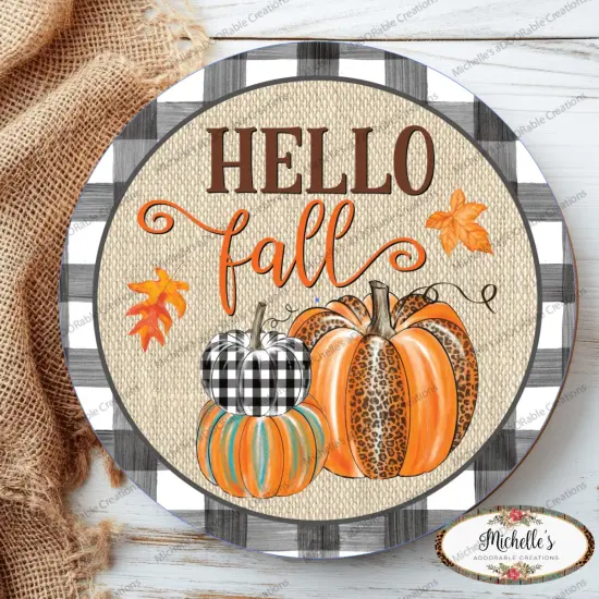 Hello Fall Leopard Pumpkins Black Plaid Sign {3}